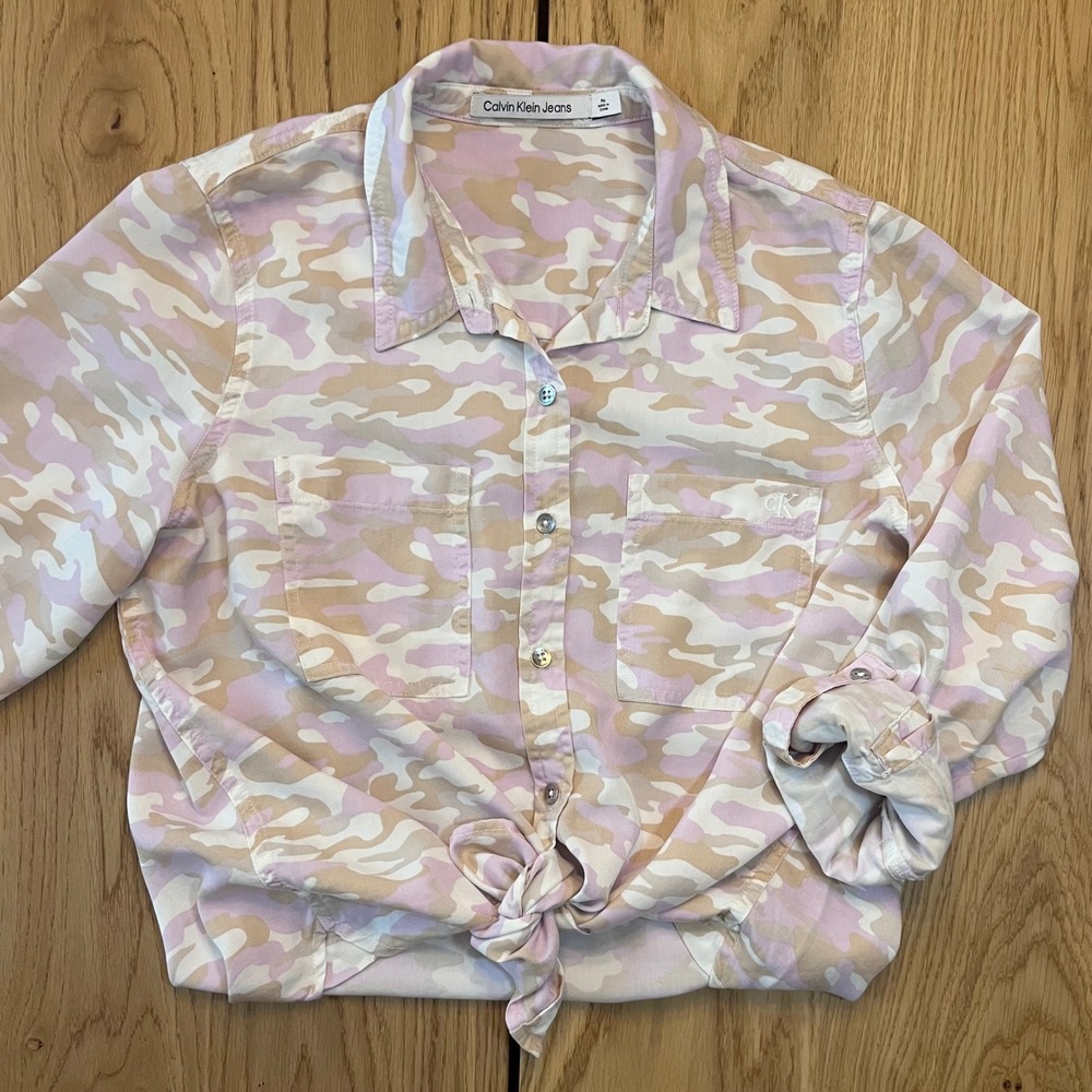 Calvin Klein Womens Pink Camo Button Down Shirt Long Sleeve PM Petite Medium